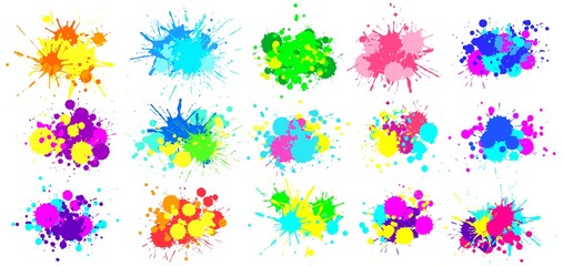 Wall Mural - Color splatter. Colorful paint splash, bright painted drip drops and abstract colors splashes vector graphic set. Illustration drop splatter paint, stain splash dirty, colorful splat