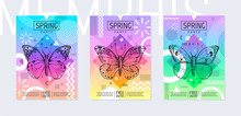 Rainbow Butterfly Spring Poster Set In Geometric Style. Disco Light Neon Art. Memphis Prism Trendy Element On Color Background. Butterfly T-shirt Print, Music Cover, Disco Banner, Party Invitation
