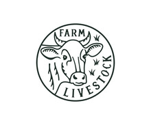 Head Cow, Livestock Farm And Cattle Breeding, Logo Design. Animal, Stock Raising, Meat Dairy Farm And Food, Vector Design And Illustration