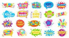 Kids Zone Badges. Kid Play Room Label, Colorful Game Area Banner And Funny Badge Vector Set. Play Zone Area For Child, Children Room Emblem Illustration