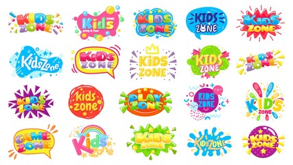 Kids zone badges. Kid play room label, colorful game area banner and funny badge vector set. Play zone area for child, children room emblem illustration