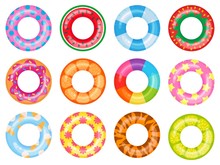 Rubber Swimming Ring. Pink Lifesaver, Summer Swimming Pool Floating Rings. Rainbow Rescue Ring Top View Cartoon Vector Illustration Set. Ring Rubber Equipment, Lifesaver For Pool Or Sea