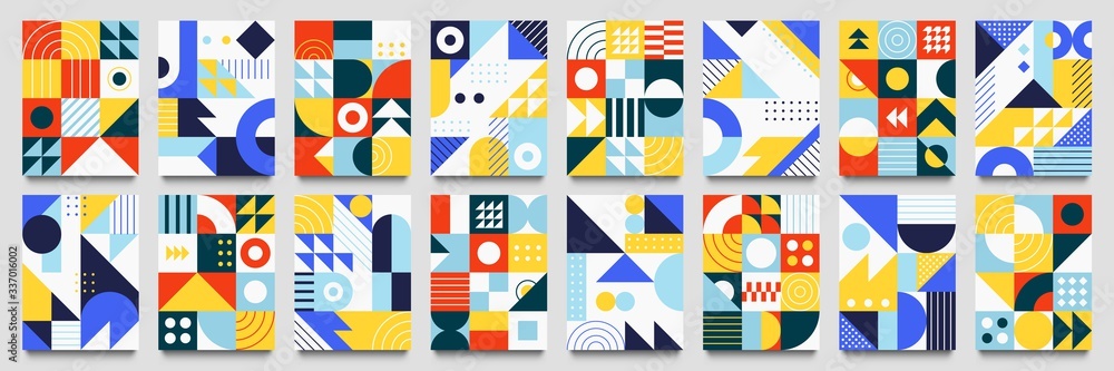Abstract geometric backgrounds. Neo geo pattern, minimalist retro poster graphics vector illustration set. Abstract pattern trendy with square and round colored - obrazy, fototapety, plakaty 