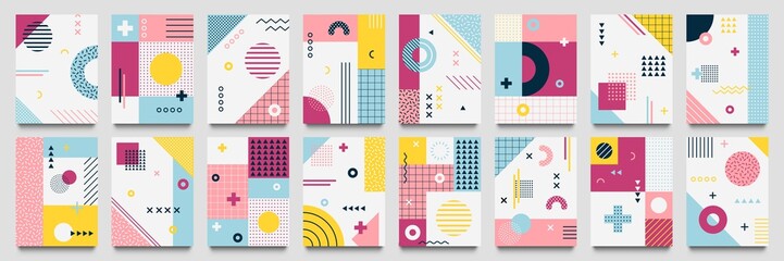 Wall Mural - Abstract neo memphis background. Modern geo grid poster template with 1980 lines texture and dotted pop pattern vector set. Illustration line and texture, dotted abstract background modern