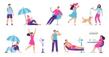 People Cooling In Hot Weather. Rest From Hot Summer Weather, Eat Ice Cream And Cool Under Fan. Siesta, Air Conditioning Vector Illustration Set. Weather Temperature, People Cooling And Conditioning