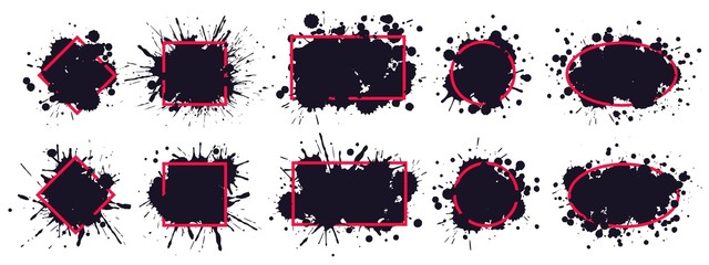 Wall Mural - Ink splatter frame. Dirty brush splatted stains, black paintbrush splash frame grunge sprayed inks drips borders vector. Red frame paintbrush, splatted and sprayed, black monochrome drip illustration