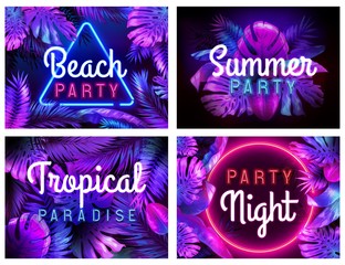 Wall Mural - Neon beach party poster. Tropical paradise, summer partying night and bright neon color leaves vector illustration set. Tropical party beach, neon frame placard