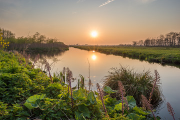 Wall Mural - sunset over dutch landscape near gouda, holland. sun is reflected in the water.