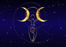 Gold Spiral Goddess Of Fertility And Triple Moon Wiccan. The Spiral Cycle Of Life, Death And Rebirth. Golden Woman Wicca Mother Earth Symbol Of Sexual Procreation In Blue Starry Night Sky Background 