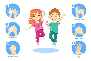 Concept Of Kids Personal Hygiene. Infographic Icons With Rules Showing How To Wash Hands Properly. Happy Children Boy And Girl Washing Their Hands With Soap. Cartoon Flat Style. Vector Illustration