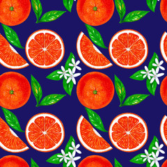 Wall Mural - Orange fruit with leaves, flowers. Seamless pattern design for fabric, packaging, paper, wallpaper, textile.