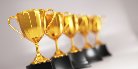 Wall Mural - golden trophy cup on gold background. copy space for text. 3d rendering.