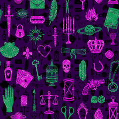 Seamless pattern with magic and mystical items, dark illustration vintage style