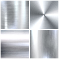 Realistic brushed metal textures set. Polished stainless steel background. Vector illustration.