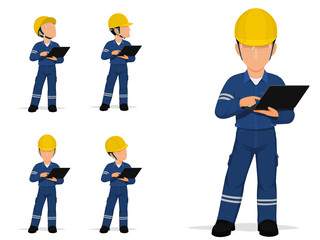 Set of industrial worker with laptop on white background