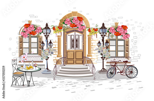 Series of backgrounds decorated with flowers, old town views and street cafes...