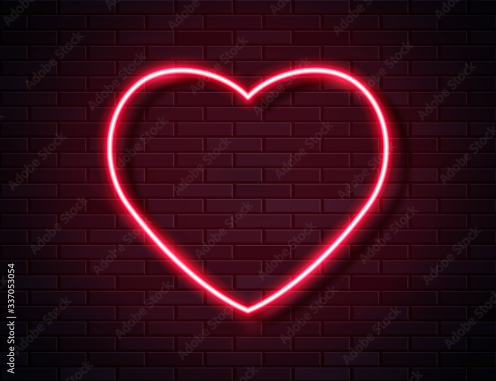 Neon Red Glowing Heart Banner on Dark Empty Grunge Brick Background ...