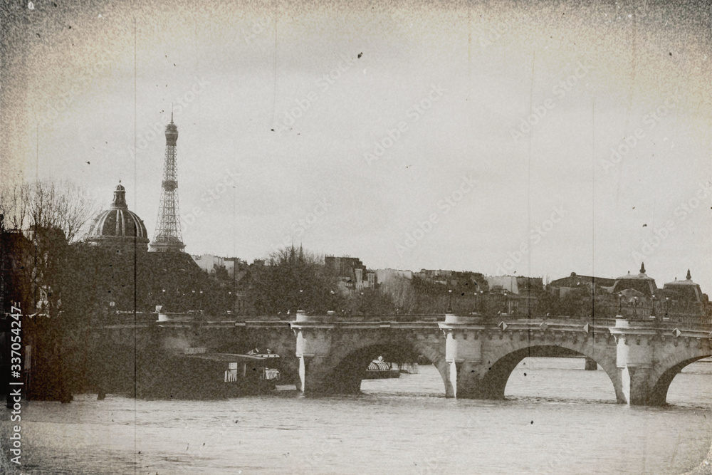 Vintage photo effect, grunge and film defects. The view of the old bridge in the centre of Paris , the Seine river and visible from afar the top of the Eiffel tower. - obrazy, fototapety, plakaty 