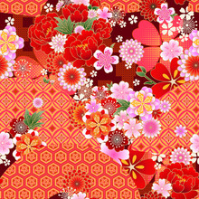 Seamless Spring Japanese Pattern With Classic Floral Motif And Fans