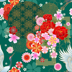 Seamless spring japanese pattern with classic floral motif and cranes