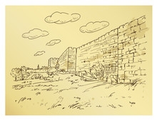 Hand Drawing Jerusalem Old City Wall And  King David Tower.Israel.