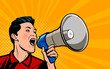 © ~ Bitter ~ - Businessman shouting loudly into loudspeaker. Retro comic pop art vector illustration