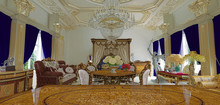 Luxuriously Decorated Rococo Style Room, Bedroom, Byzantine Gold And Sculptures, 3d Rendering, 3d Illustration	
