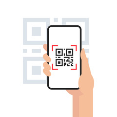 qr code mobile phone scan on screen. in hand on white background. flat style