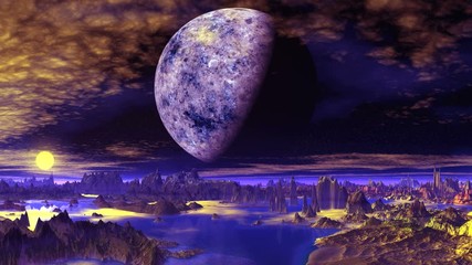 Wall Mural - Huge Moon over Alien Planet. On purple starry sky floating clouds, a bright yellow sun rises. A huge moon over the horizon. Rocks are among the water.