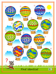 Logic puzzle game for children and adults. Find two identical air balloons. Printable page for kids brain teaser book. Developing spatial thinking skills. IQ training test. Flat vector cartoon image.