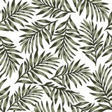 Fototapeta Młodzieżowe - Green palm leaves on white background . Tropical seamless pattern