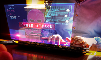 Wall Mural - Hacker typing on keyboard with breaking security and code on hologram screen