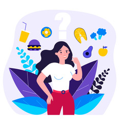 Cheerful woman thinking over her snack and choosing between junk and healthy food. Vector illustration for health, choice, diet, healthy vs unhealthy concept