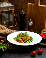 Wall Mural - green salad plate with lettuce cucumber bell pepper and tomato