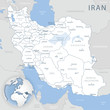 Blue-gray detailed map of Iran and administrative divisions and location on the globe. Vector illustration