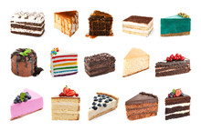 Set With Different Cake Pieces Isolated On White