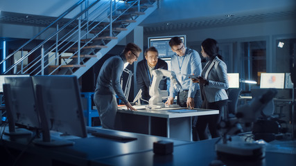 Poster - Team of Electronics Development Engineers Standing at the Desk Working on Robot Arm Prototype. Specialists Working on Ultra Modern Industrial Design, Using Machine Learning, AI and Neural Network
