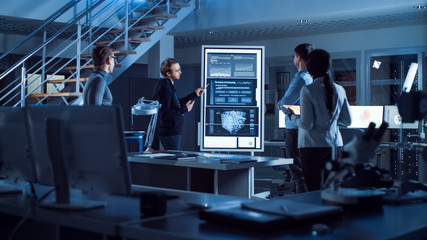 Poster - Project Manager Does Motivational Presentation or Team of Electronics Development Engineers, he Uses Digital Whiteboard with Neural Network, AI and Machine Learning. 