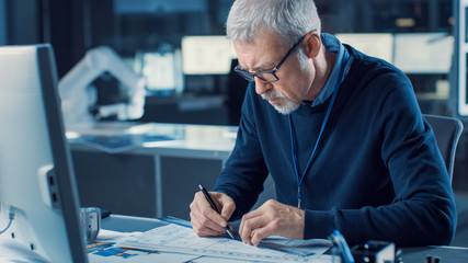 Poster - Professional Heavy Industry Engineer Draws Engine Concept Blueprint, References Computer. Engineering Bureau and Industrial Design Agency with Various Robotic, Architectural and Machinery Components