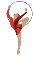 Wall Mural - gymnast female in hand stand position holding a hoop above head isolated on a white background