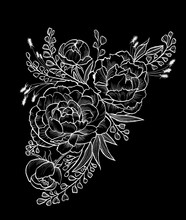 Bouquet Of Peony Flowers, Asters With Leaves, In The Form Of An Angle Drawn With White Lines On A Black Background, Linear Hand Drawing, Monochrome Drawing For Printing On Fabric And Pap