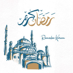 Wall Mural - Ramadan kareem arabic calligraphy and mosque. Translated: Happy & Holy Ramadan. Hand drawn sketch vector illustration, vintage design on white background.