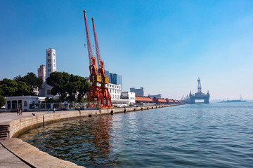 Commercial port with old warehouse in Rio de Janeiro, view of the Rio cargo port with unloading of ships with goods