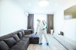 © F8  \ Suport Ukraine - Disinfector in a protective suit conducts disinfection in contaminated area of house to prevent coronavirus. Health car.