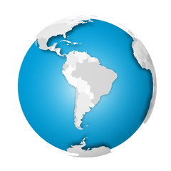 Poster - Earth globe. 3D world map with grey political map of countries dropping shadows on blue seas and oceans. Vector illustration