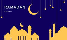 Ramadan Kareem Text On Navy Blue Backdrop With Copy Space. Muslim Holiday For Invitation Or Gift Card, Social Banner, Religios Poster. Phone Case Or Art Print. Minimal Style Stock Vector Illustration