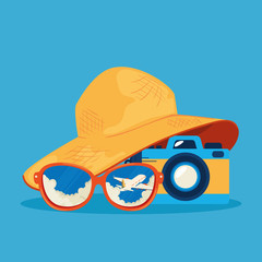 Sticker - summer hat female with camera and sunglasses vector illustration design