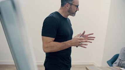 Wall Mural - Businessman standing by a flipchart and explaining the strategy to his colleagues. Business professional briefing his team in the office board room.
