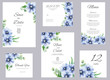 © Elena - Watercolor bkue anemone and eucapyptus wedding invitation. Set with invitation, Save the date, Thank you card, RSVP, menu and table number on white marble background. Wedding set.