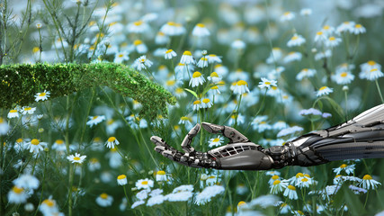 Wall Mural - Green technology conceptual design, human arm covered with grass and lush and robotic hand, 3d render.